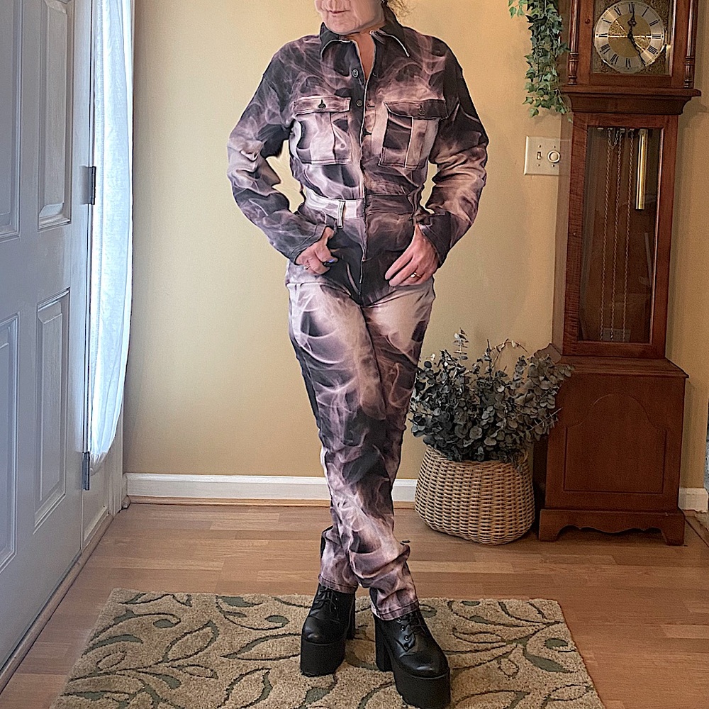 Fashion Nova purple tie die jumpsuit with long sleeves. Size Large. EUC!